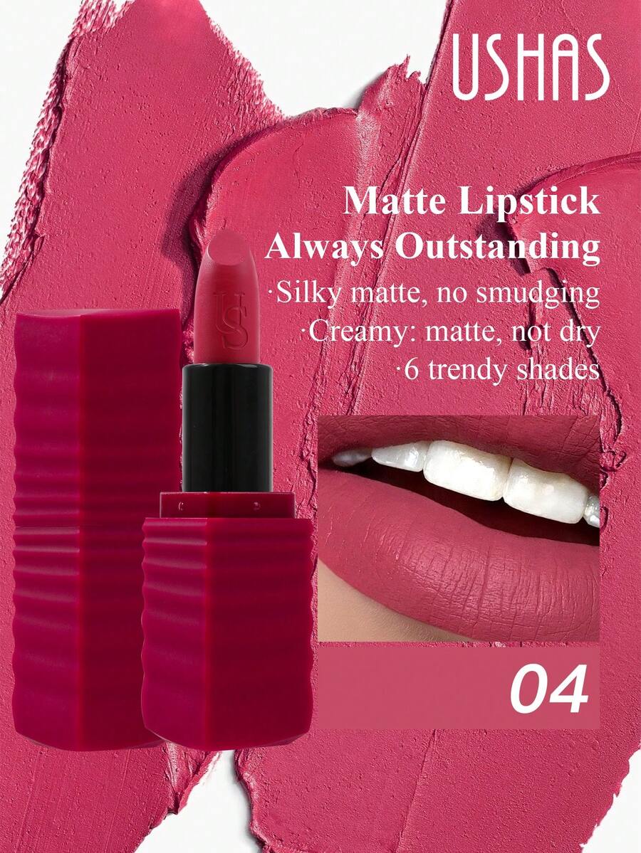 USHAS哑光唇膏，防水，持久，不粘腻，优雅的红粉色调，质地轻盈，适合所有肤质 - #04 - 查看 1
