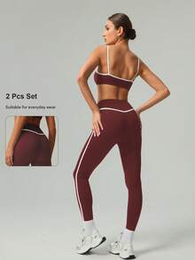 2 PCS CO Ord Set Spring And Summer Women Fashion White Line Yoga Sports Bra And Leggings - Red Violet - View 3