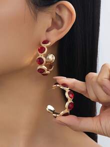 1 Pair Fashionable Rhinestone Inlaid C-Shaped Stud Earrings, Suitable For Women's Party, Gathering, Daily Wear, Versatile Gift - Red - View 8