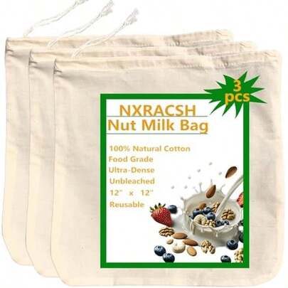 Nut Milk Bag,Cheese Cloths Bag For Straining,Unbleached Cotton Reusable Ultra-Dense Cheesecloth Strainer Bag For Juicing Almond Oat Soy Milk Yogurt Butter Wine Cooking Jelly Turkey(3 Pc,12"X 12")