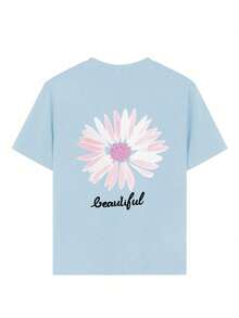 Tween Girl Floral Print Round Neck T-Shirt, Summer Top - Baby Blue - View 8
