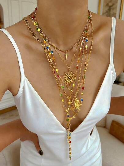 3-7pcs Vintage Elegant Fashion Hip Hop Antique Coin Rhinestone Inlaid Bling Bling Colorful Pendant Necklace Set, Including Portrait, Cross, Flower, Sun, Shell, Heart, Butterfly, Star, Water Drop, Tassel, Y-Shaped, Choker, Suitable For Women, Vacation, Party, Banquet, Date, Gift, Daily Wear, Versatile Jewelry