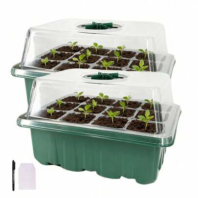 2 Sets Mini Greenhouse Seed Starter Trays | 24 Cells Plastic Seedling Tray, 1 Dual-Tip Marker Pen, 10 Plant ID Tags, With Vents & Dome Lid, Ideal For Seed Germination, Growing Vegetables, Fruits & Herbs - No Electricity Needed