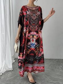 1件女款寬鬆印花卡夫坦長裙，休閒優雅圓領套頭長袍，適合阿拉伯風服飾、奢華度假、派對、生日、母親節、新年及其他正式場合 - 彩色 - 查看 5