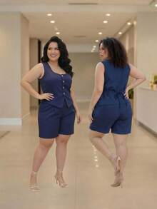 Women's Plus Size Set: Tank Top Vest And Shorts - Màu xanh hải quân - Xem 2