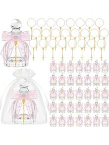 24pcs/Set Catholic Holy Water Bottles Wholesale, Baptism Guest Gifts, Glass Bottles With Gold Cross Bracelet, Lace Bow Tie, Ribbon, For Church Wedding Baptism Gifts (Lace Bow, White) - Multicolor - View 13
