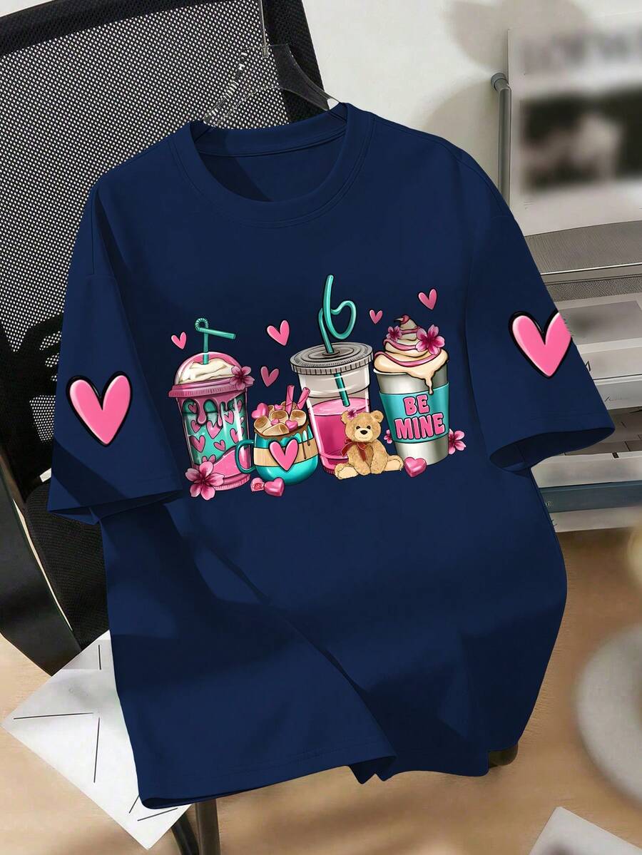 Tween Girl Dessert And Heart Print Crew Neck T-Shirt Summer Girls Casual T-Shirt Soft Top - Navy Blue - View 1