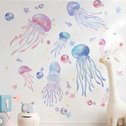 梦幻水母墙贴 - 色彩缤纷的水母图案设计，防水自粘PVC贴纸，适用于客厅、卧室、浴室 - 卡通图案设计，可移除贴纸，一次性使用