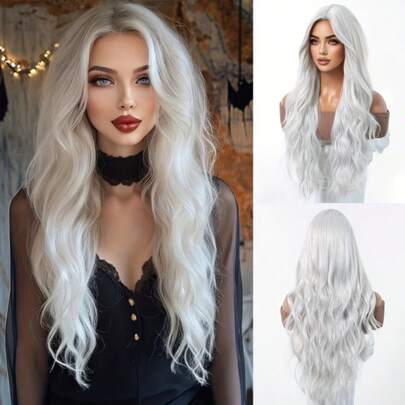 7JHH WIGS White Extra Long Wave Wigs For Women 28 Inch Extra Long Wavy Wig With Curtain Bangs, Heat Resistant Fiber Hair Synthetic Curly Wig For Daily & Music Festival Party Wear, Halloween Cosplay Costume Use Fashion Wig Accessories