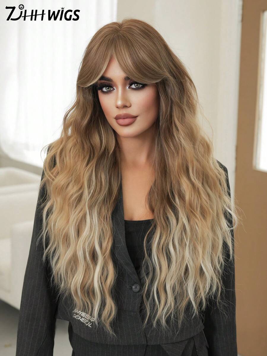 7JHH WIGS Ombre Brown Extra Long Wave Wigs For Women 28 Inch Extra Long Wavy Wig With Side Curtain Bangs, Heat Resistant Fiber Hair Synthetic Curly Wig For Daily & Music Festival Party Wear, Halloween Cosplay Costume Use Fashion Wig Accessories - 漸層棕色 - 查看 1