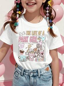 Disney Mickey Mouse And Minnie Mouse With Castle Popcorn Tea Cup And Ice Cream Printed Pattern T Shirts For Girls Childrens Clothing Design Short Sleeved Casual And Cute Style Comfortable And Casual Wear All Year Round Suitable For Parties And Play Machine Washable Gift Childrens Clothing Girls Short Sleeved Shirts - trắng - Xem 1