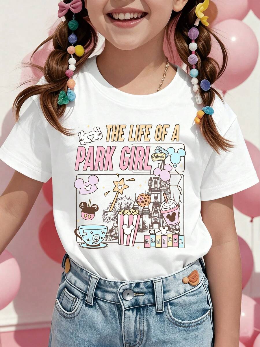 Disney Mickey Mouse And Minnie Mouse With Castle Popcorn Tea Cup And Ice Cream Printed Pattern T Shirts For Girls Childrens Clothing Design Short Sleeved Casual And Cute Style Comfortable And Casual Wear All Year Round Suitable For Parties And Play Machine Washable Gift Childrens Clothing Girls Short Sleeved Shirts - trắng - Xem 1