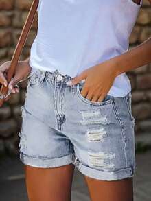 Women's Pocket Ripped Hem Casual Denim Shorts - Light Blue - View 4