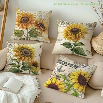 MEMNUN 4pcs Vintage Sunflower Print Pillow Covers [No Pillow Insert], 17.7*17.7in(45*45cm)/19.69*19.69in(50*50cm)/15.75*15.75in(40*40cm), [Single-Sided Printing] Oil Painting Floral American Country Style Throw Pillow Cases For Sofa, Bed, Living Room, Bedroom, Car, Office, Hotel Decor, Suitable For All Seasons, Perfect Gift For Family And Friends