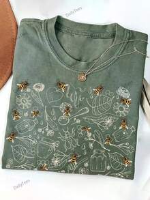 Summer Tops2026Women'S Vintage-Inspired Honey World Print T-Shirt - 230g Heavyweight Washed Wax-Resistant Fabric, Bee & Honeycomb Design With Honeycomb Pattern, Casual Round Neck Short Sleeve Top For Spring Summer Fall, Beachwear & Everyday Outfits, Ideal Gift For Bee Lovers (Green Retro Style), Streetwear Women, Women' Tshirt, Pumpkin Shirt For Women, Summer Clothes For Women, Cute Shirts, Graphic Tees Women, T Shirts For Women, Women'S T Shirt, Womens T-Shirtssummer Clothes Washed Cotton - 軍綠色 - 查看 6