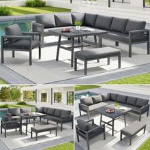 Handwoven L-Shaped Garden Sofa For Up To 8 People / Sturdy Iron Frame With Grey Cushions / Includes 1 Table With Marble And Glass Top And 2 Armchairs / Weatherproof Patio Set - Grey - View 1