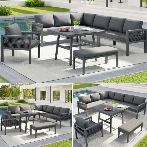 Handwoven L-Shaped Garden Sofa For Up To 8 People / Sturdy Iron Frame With Grey Cushions / Includes 1 Table With Marble And Glass Top And 2 Armchairs / Weatherproof Patio Set - Grey - View 1