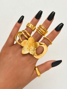 Set de 12/16 anillos geométricos asimétricos de diseño de corazón de lujo europeo y americano, anillos personalizados únicos adecuados para mujeres en fiestas, citas, bailes, regalos de cumpleaños, a juego para uso diario - Dorado - Ver 5