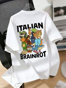 Camiseta de manga corta con cuello redondo y estampado gráfico "Italian Brainrot" para niño preadolescente, top de moda de verano para niños - Blanco - Ver 6