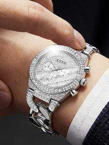 1pc XSVO Men's Full Steel Fully Iced-Out Multifunctional Chronograph Quartz Watch, Luxury Sparkling Party Exclusive - one-size - View 5