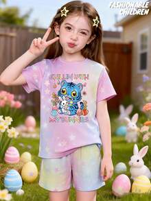 Cute Tiger And Rabbit Pattern Prints, Easter Pattern Prints, Shorts And T-Shirt Set, Personalized Cartoon Printed Short Sleeves For Girls, Comfortable Shorts And Stylish Two-Piece Set, Lively Casual Wear - Pentagram - View 1