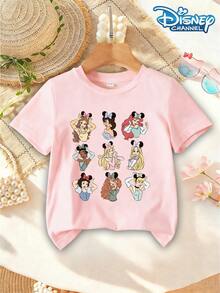 Disney Girls' T-Shirt Top, Disney Princess Minnie Mouse Cartoon Print, Cute, Stylish, Casual Summer Wear, Round Neck, Short Sleeve - 淺粉色 - 查看 2