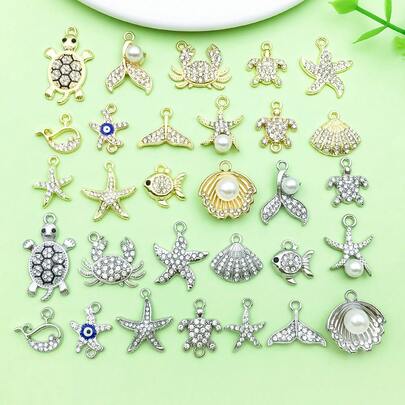30pcs Rhinestone Beach Charm Gold And Silver Ocean Charms Bulk Boho Hawaii Alloy Summer Ocean Pendants For Jewelry Making Supplies DIY Craft Necklace Bracelet Earring Women