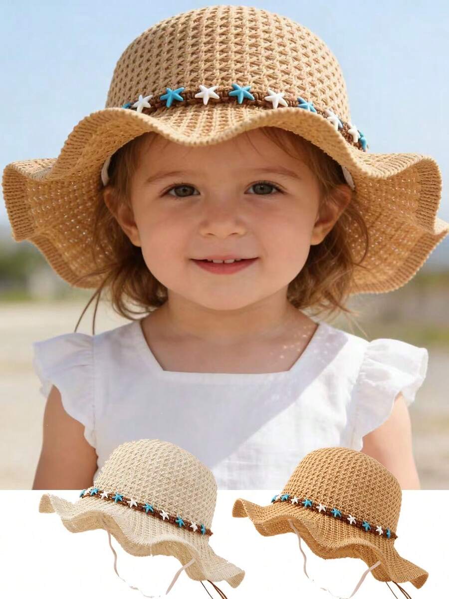 1pc Baby/Toddler/Little Girls' Breathable Knitted Wide Brim Sun Hat, Suitable For Spring, Summer, Autumn, Beach, Windproof - 1PC - View 1