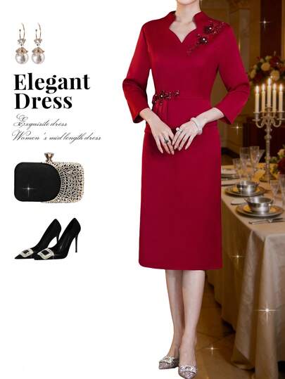 Women's Spring/Summer Burgundy Dress, 2 In 1 Set, Elegant Casual Style For Mother Of The Bride, Luxury Wedding/Formal Event/Ceremony/Graduation, 3/4 Sleeve, V-Neck, Smooth Satin Lining, Comfortable