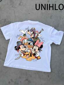 Disney UNIHLO  Street Life Men's Casual Loose   Mickey  Cartoon  Print Short Sleeve T-ShirtSummer - 白色 - 查看 4
