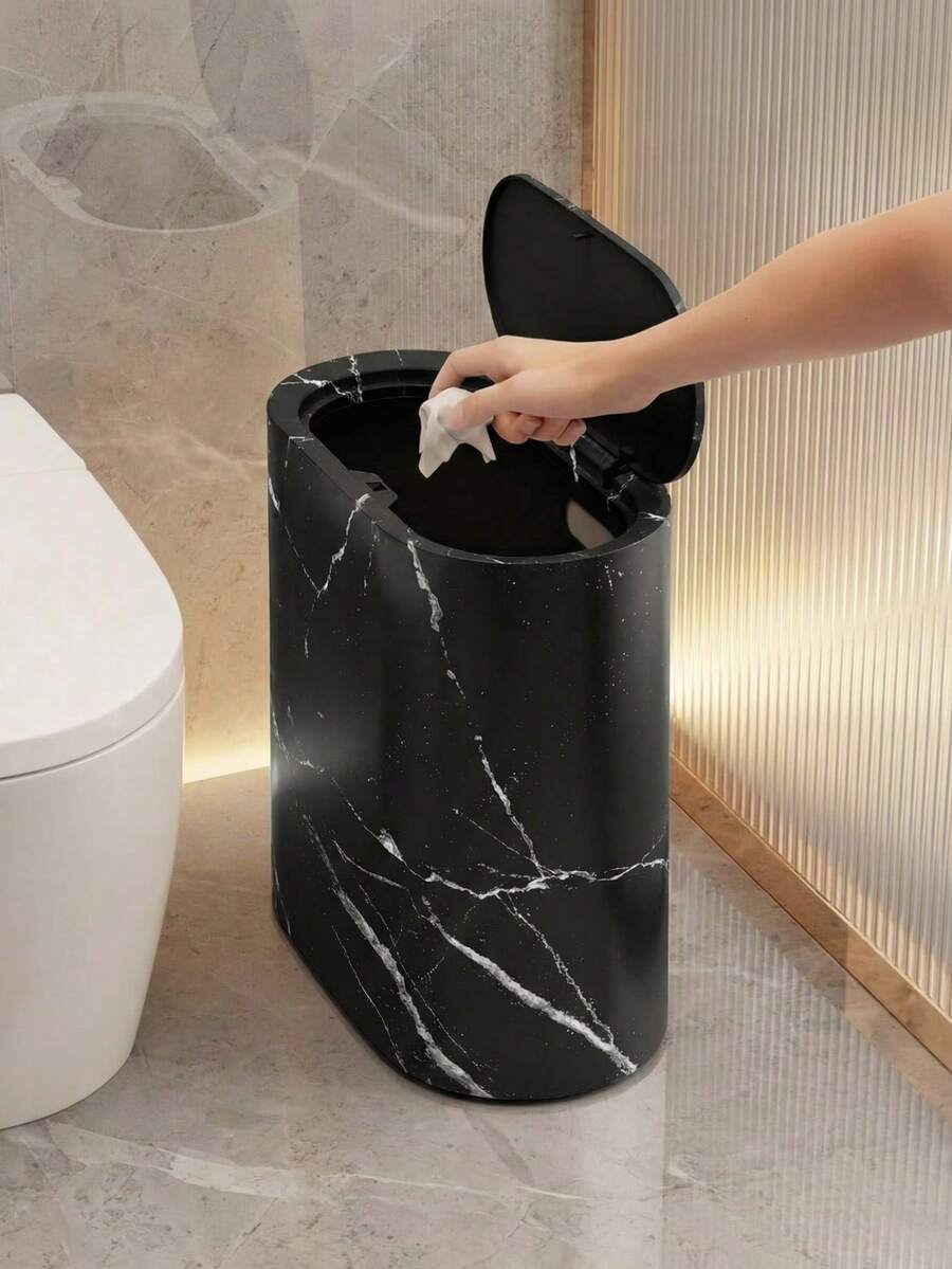 A Round, Push-Button Lid Trash Can, A Plastic Bin For Bathroom Narrow Spaces, A Sorting And Storage Bin For Household Waste. - Black 12L - View 1