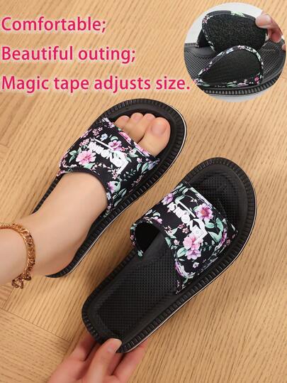 Women's Floral Print House Slippers, Fashion Fabric Letter Decor Beach Sandals For Indoor & Outdoor Wear