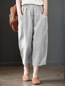 Women's Plain Color Casual 7/8 Length Capri Pants With Large Pockets - Xám - Xem 4
