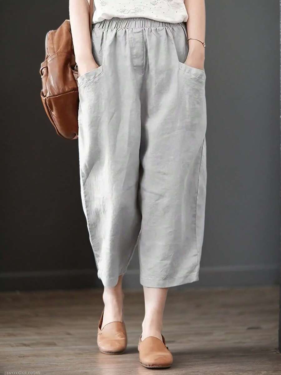 Women's Plain Color Casual 7/8 Length Capri Pants With Large Pockets - Grey - View 1