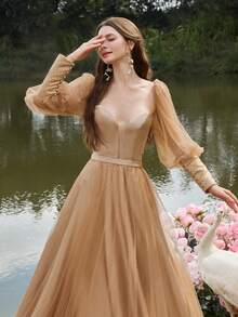Faeriesty Elegante vestido de noche de cuello cuadrado con mangas abullonadas, vestido de tul transparente, cordones con lazo en la espalda y detalles de lunares para sesión fotográfica en el lago, boda en el jardín, sesión de retratos románticos, editorial nupcial y estilismo de fiesta de primavera en barco de cisne - Caqui - Ver 6