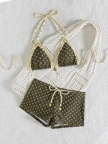 wohenmeili 女士夏季沙滩波点荷叶边吊带性感比基尼泳衣套装 - 棕底黃點+黃棕點邊 - 查看 4