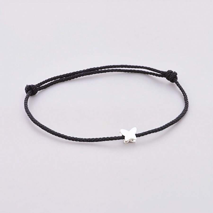 HuooNew 1pc Minimalist 925 Sterling Silver Star Shaped Black Braided Adjustable Length Bracelet, Suitable For Daily Wear - Black - View 1