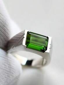 1pc Men's Fashion Minimalist Luxury Emerald Zirconia Ring, Wedding Engagement Party Jewelry Gift - Silver - View 3