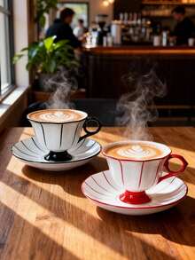 DearDali 一套250毫升高品质耐热陶瓷咖啡杯，时尚黑/红白竖条纹设计，高杯身配碟，隔热防烫，适合情侣、下午茶、晚餐聚会或开学季使用。 - 彩色 - 查看 3