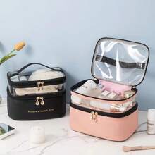 BAGCO Bolsa de cosméticos de doble capa, bolsa de cosméticos de viaje, bolsa de cosméticos impermeable de gran capacidad, caja de almacenamiento superior transparente, accesorio de viaje para mujer. - Rosa - Ver 3