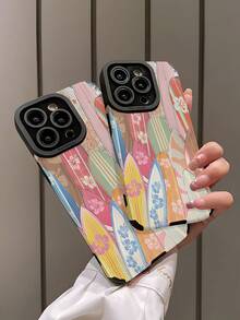 1个简约个性化夏季度假冲浪板图案竖款仿皮纹理防滑防摔软壳手机壳，适合作为礼物送给朋友和爱人，兼容苹果 17/17AIR/17PRO/17PROMAX - 彩色 - 查看 4