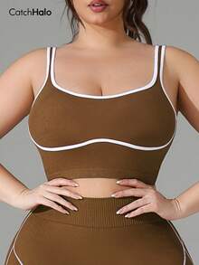 Sujetador deportivo sin costuras para mujer de talla grande, con decoración de ribete de contraste, diseño de espalda en U, sin acolchado, longitud larga, para yoga y uso casual - Marrón - Ver 8