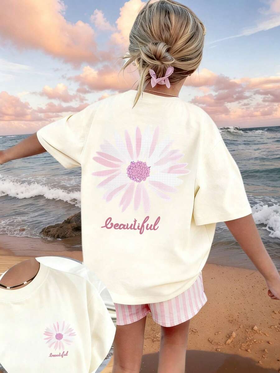 Tween Girl Floral Print Round Neck T-Shirt, Summer Top - Apricot - View 1