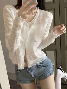 轻薄透气针织开衫，轻薄空调外套，春夏款 - 杏色 - 查看 1