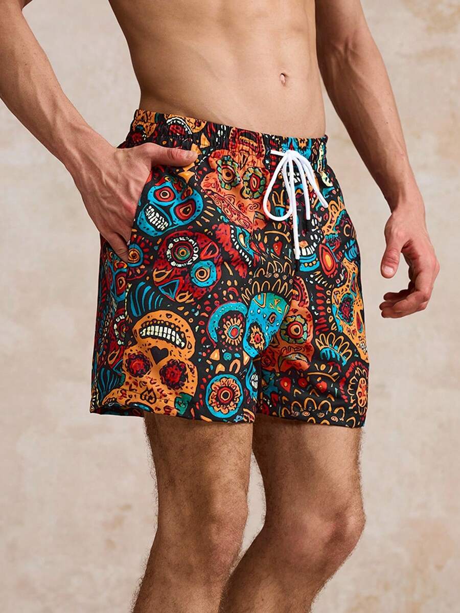 MAISONFOX Men's Skull Print Drawstring Waist Shorts With Pockets, Unique Fashion Beach Holiday Casual Shorts, Hawaiian & Campus Style - Multicolor - View 1