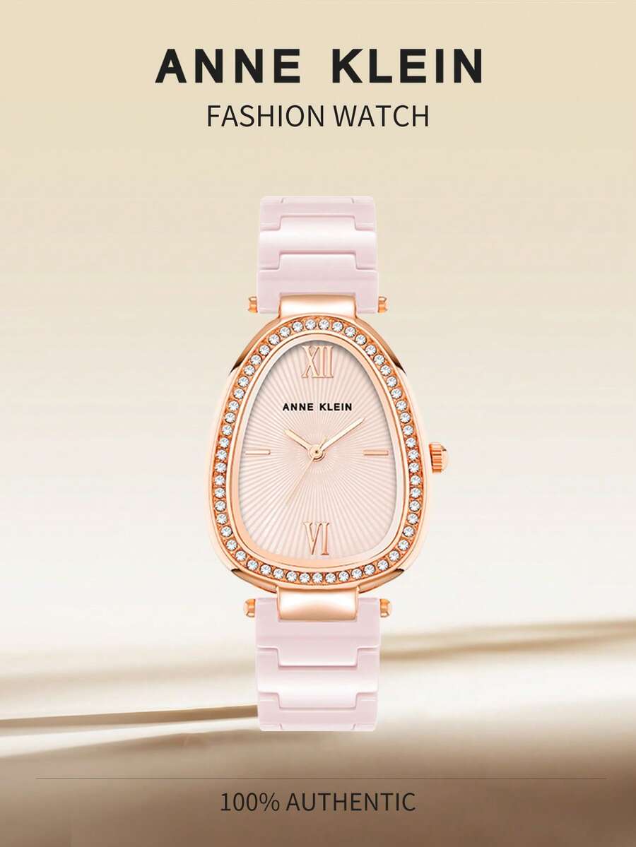 Anne Klein Đồng hồ nữ dây đeo gốm đen mỏng, mặt số đen bóng hình bầu dục đính pha lê, đồng hồ đeo tay thanh lịch dành cho nữ với dây đeo có thể điều chỉnh. - Hồng - Xem 1