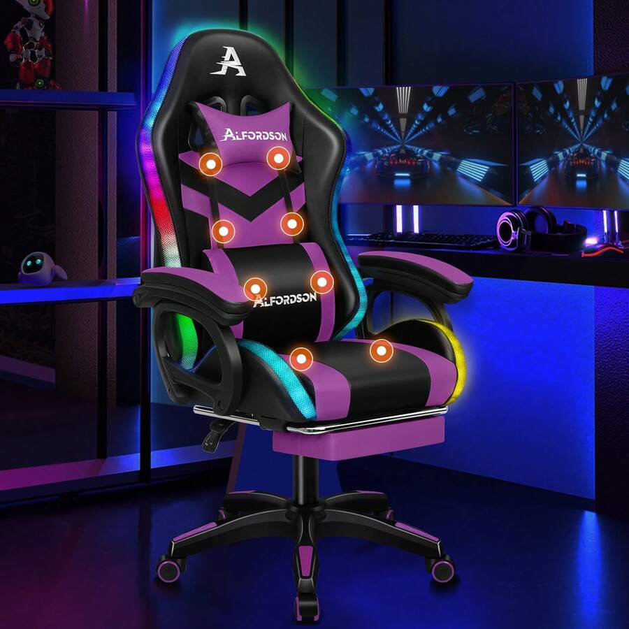 ALFORDSON 1 Pack Black PU Leather LED Massage Gaming Chair With Headrest And Lumbar Support - Purple - View 1
