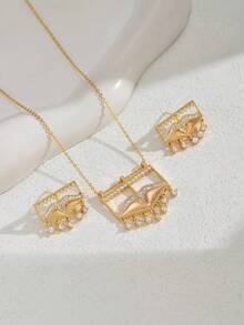 Bộ 3 món trang sức mặt dây chuyền hình học kiểu Pháp thanh lịch, mạ vàng, đính đá Zirconia, thích hợp cho đám cưới, sinh nhật và tiệc tùng của phụ nữ. - Vàng - Xem 4