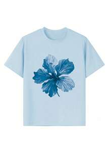 Camiseta con estampado floral tropical azul para niña preadolescente, de tela suave y cómoda, adecuada para que las niñas la usen para viajar, vacaciones, deportes al aire libre, uso diario, viajes casuales, ¡la mejor opción! Parte superior casual y versátil de moda para niñas preadolescentes en primavera y verano - Celeste - Ver 4