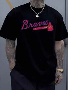 1pcs Braves Letter Graphic Men's 220g Sports T Shirt Casual Streetwear 100% Cotton Tee Vintage Style Digital Printed T Shirt - 黑色 - 查看 1